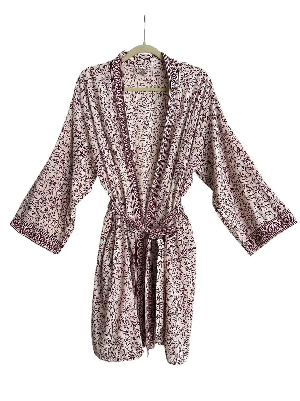 ANOKHI Cotton Block Print Kimono Robe Free Size Boho Burgundy Floral Loungewear